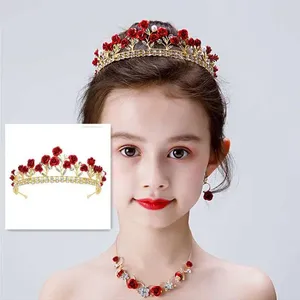 Accessoires de cheveux Princess Crown Band Children Red Rose Flower Tiara Fashion Alloy Pearl Rhinestone Hairband Girls Party