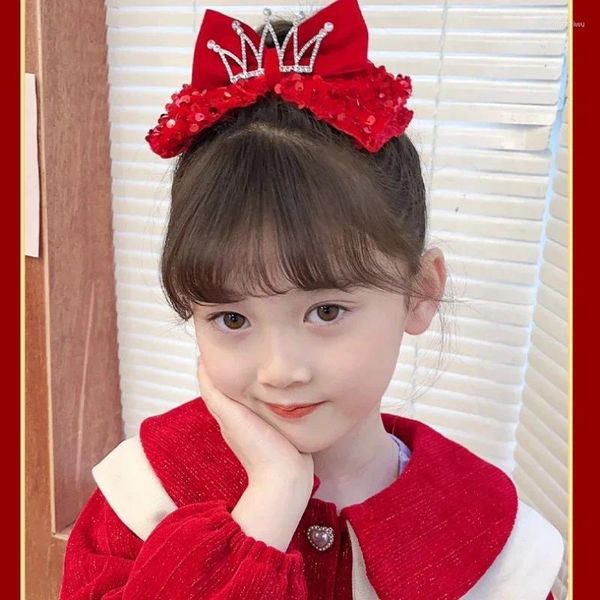Accessoires de cheveux Princess Crown Children's Clip Sequins Année Red Big Bow Girl Girl Birthday Headwear 3D Festival
