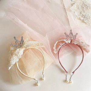 Accesorios para el cabello estilo princesa encaje lazo velo diadema tarjeta para niños niña lentejuelas corona cumpleaños dulce accesorio