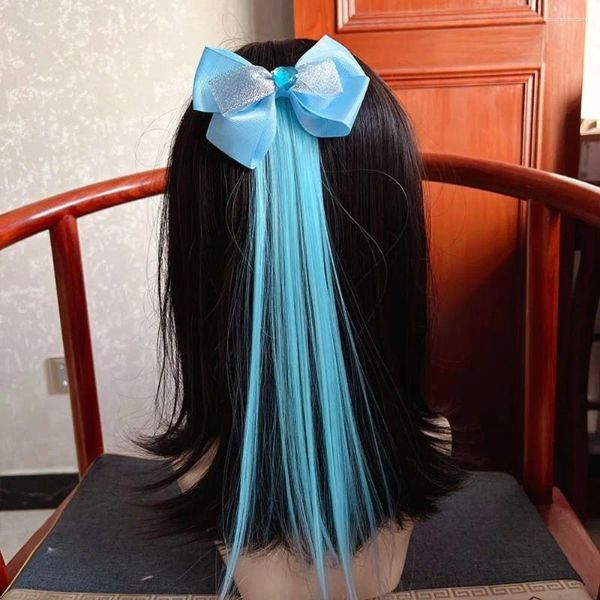 Perruque synthétique avec nœud bleu pelucheux, accessoires pour cheveux, postiche longue et lisse, queue de cheval dégradée, tresses pour filles, cadeaux d'anniversaire