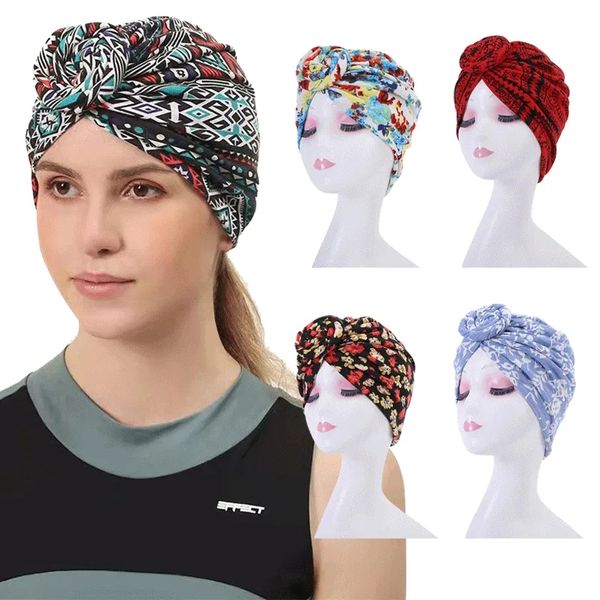 Accesorios para el cabello Ramadán Moda musulmana Estampado Turabn Sombrero Adulto Bohemio Hijab Gorras Mujeres Headwrap Bonnet Lady Headwear Sombreros