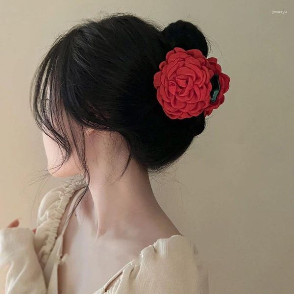 Accessoires pour cheveux rétro, grande fleur de Rose, grande pince à griffes, élégante dame coréenne, épingle à cheveux en tissu pour femmes et filles