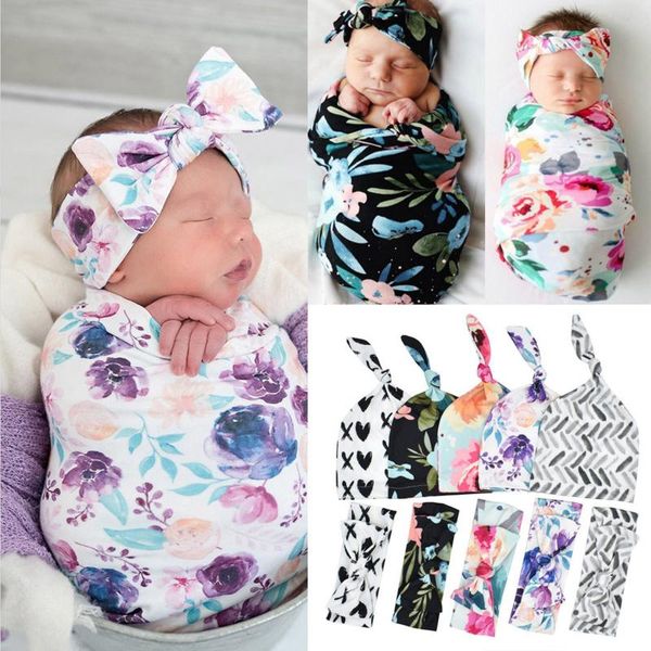 Accessoires pour cheveux Couvertures de swaddle douces pour bébé Ensemble de bandeau de chapeau Extensible Born Couverture de réception florale pour garçon Fille Wrap pour bébé Pographie PropsH