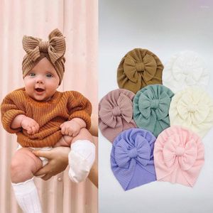 Accessoires de cheveux Bonnet noué de couleur unie pour bébés filles Grand nœud Turban Bonnets pour bébés Enfants Épais chaud extérieur Bonnet Caps Garçons Hiver
