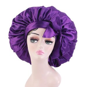 Accessoires pour cheveux Bonnet en satin solide avec de larges attaches extensibles Long Care Confortable Lady Night Sleep Hat Adjust Styling Cap Silk Head Wrap
