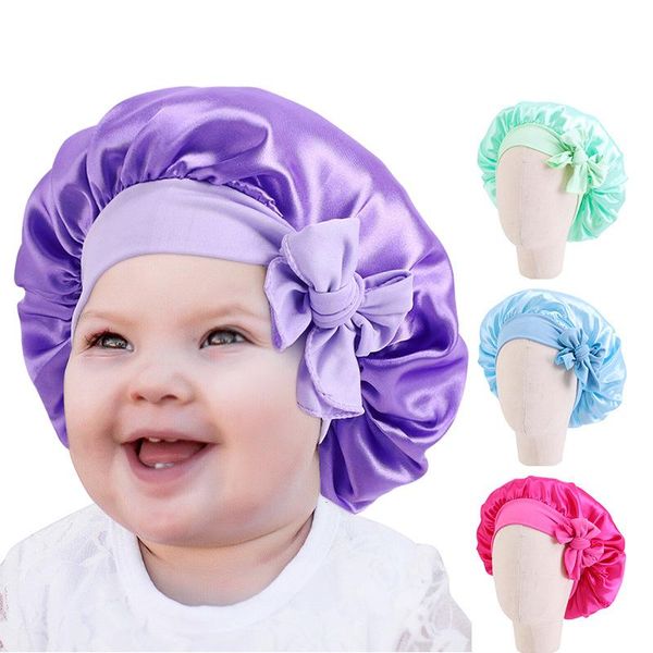 Accesorios para el cabello, gorro de seda satinada sólida con banda, gorro de dormir para bebé, lazo, gorros de noche para niños, maquillaje para niñas, gorro de dormir para niños