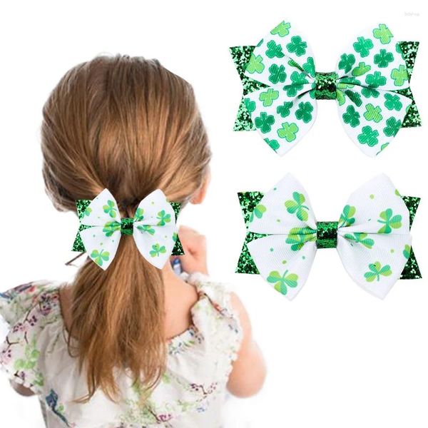 Accesorios para el cabello Día de San Patricio Lucky Shamrock Bow Clips para niños Niños Dibujos animados Lentejuelas Bowknot 2024 Fashion Girls Festival Fiesta Regalo