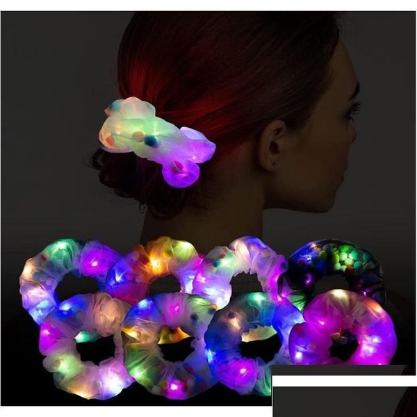 Accessoires pour cheveux Stage Wear LED Chouchous Rave Headwear Light Up Neon Satin Ponytail Élastique Cravates Lumineux Lumineux Lumineux Coiffure Pour Femmes OTN3D