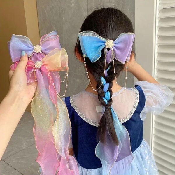 Accesorios para el cabello, lazo superlargo, Clips para niños, cintas de borlas de perlas, tocados con horquillas trenzadas, princesa de verano para niñas