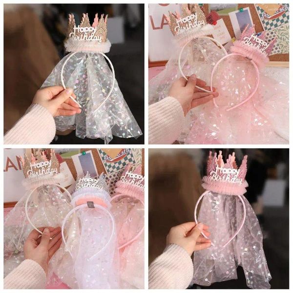 Accesorios para el cabello para niña, diadema de gasa con corona bonita y dulce, diadema de malla de encaje, aro para fiesta de cumpleaños de princesa, regalo para bebé