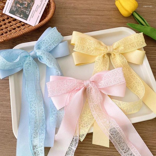 Accesorios para el cabello dulce gasa malla encaje largo de satén cinta lazo grande Clips para niñas niños Linda Hada elegante horquilla para estudiantes moda