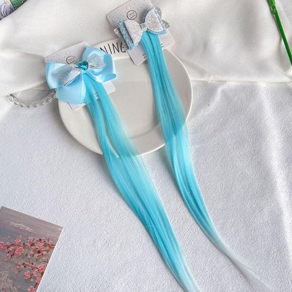 Accesorios para el cabello, tocados sintéticos para niños, regalos de cumpleaños, peluca con degradado para bebé, peluca con trenzas para niñas, coleta larga recta con lazo azul