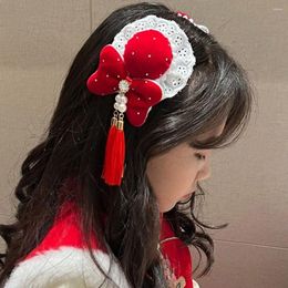 Accessoires pour cheveux, pompon, épingle à cheveux rouge pour enfants, nœud chinois, pince à nœud en tissu, Style ancien, costume Tang, chapeau haut-de-forme