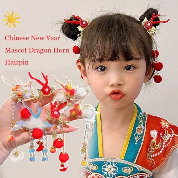 Accessoires pour cheveux Gland Enfants Épingle À Cheveux Rouge All-match Arc Mascotte Dragon Corne Hanfu Bâtons Fleur Bowknot Année Chinoise Chapeaux Filles