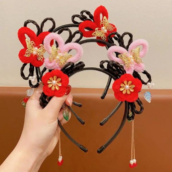 Accesorios para el cabello borla niños peluca diadema trenza flor Hanfu palos estilo antiguo sombreros año chino niños