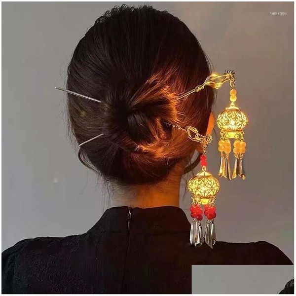 Accessoires de cheveux Vintage style chinois lanterne lumière gland bâtons en métal avec pendentif épingle à cheveux pour les filles livraison directe produits outils otgi9