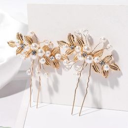 Accesorios para el cabello Vintage mosaico horquilla perla cristal U-pin hoja de oro tenedor tocado nupcial bandeja de boda