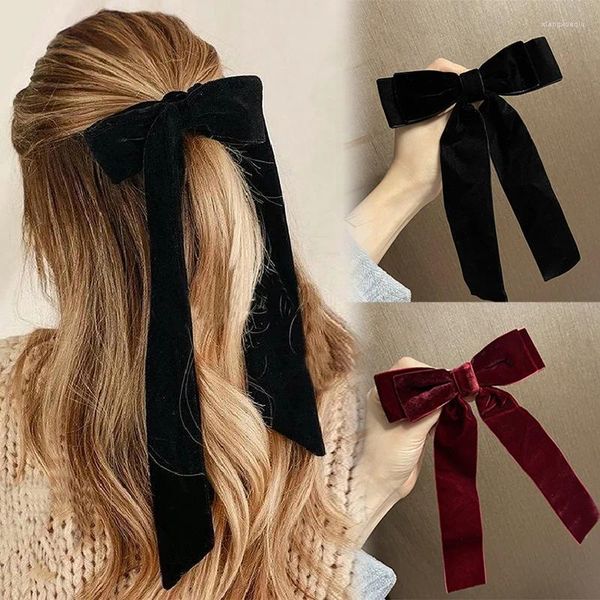 Accesorios para el cabello Vintage Velvet Bow Horquillas Barrettes para mujeres Niñas Boda Cinta larga Clip coreano Hairgrip