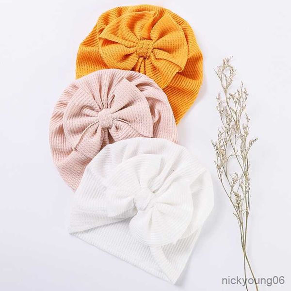 Accesorios para el cabello Waffle Knitting Newborn Baby Hat Bowknot Turban Girl Cap Solid Kids Cute Hats Headband Infant R230608