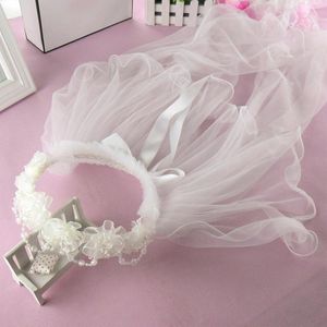 Accessoires de cheveux Mariage Tulle Fleur Filles Voiles Avec Ruban Bord Élégant Mariée Longue Fille Voile Plissée Couronne