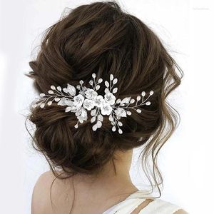 Accessoires pour cheveux Ensemble de fleurs en faïence douce blanche avec diamants et diadème de mariage en perles faites à la main