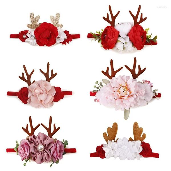 Accessoires pour cheveux Hiver Noël Style Fête d'anniversaire Fleur Elk Rose Rouge Mignon Doux Beauté À La Main Bébé Fille Bande De Cheveux Conception