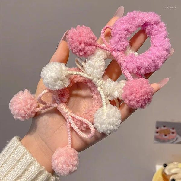 Accesorios para el cabello Invierno Color sólido Arco de peluche Bola redonda Banda elástica grande para niñas Niños Lindo Kawaii Lolita Fairy Ponytail Lazos de goma