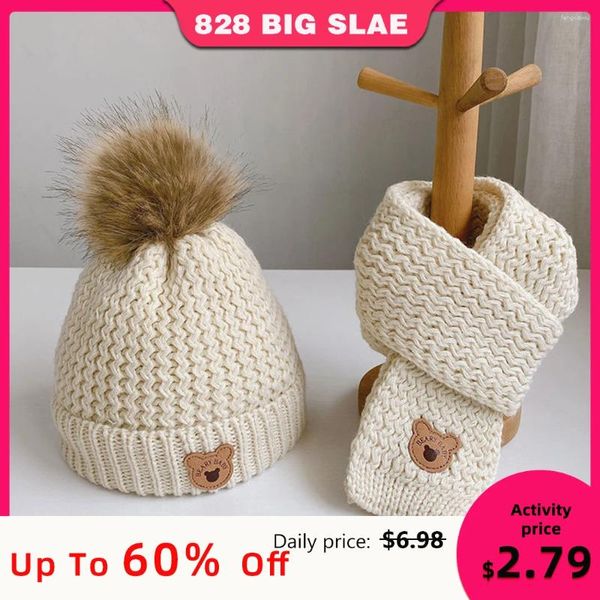 Accesorios para el cabello Invierno Cálido Pompom Bebé Sombrero Bufanda Oso de dibujos animados Niños Niñas Bonnet Coreano Punto Niño Niños Cap Gorros Pañuelo