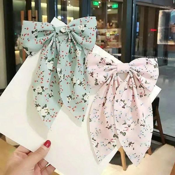 Accesorios para el cabello Mujeres Niñas Bowknot Mancha Horquillas Impreso Clips florales Cinta de seda Arco Fiesta Boda