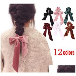 Accessoires de cheveux Femmes Veet Bow Streamer Scrunchies Corde Cravate Bandes élastiques Porte-queue de cheval Filles Drop Livraison Bébé Enfants Maternité Dhfoh