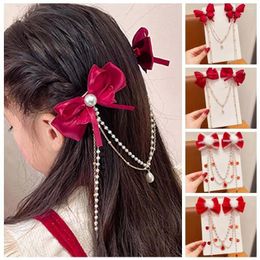 Accessoires pour cheveux, pince à nœud rouge, frange, coiffe de tête, boule en peluche, épingle à cheveux, chaîne de perles, pompon, front de princesse