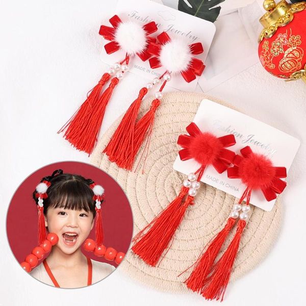 Accessoires de cheveux Année Rouge Bowknot Épingles À Cheveux Fille Mignon Blanc En Peluche Boule Clip Femmes Mode Épingle À Cheveux Rétro Chinois Chapeaux