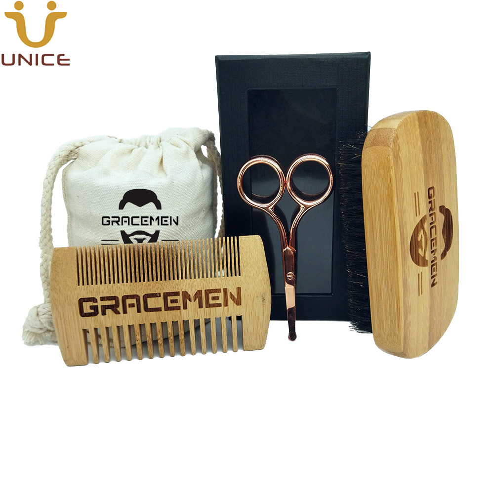 Brosse à cheveux Peigne à barbe et mini ciseaux de coupe dans une boîte de sac personnalisée MOQ 100 Set OEM Personnaliser LOGO Bamboo Men Beard Kit Amazon's Chioce Supplier