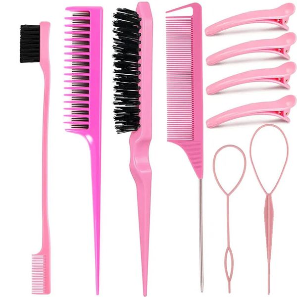 Cepillos para el cabello 10 unids Estilo Peine Set Teasing Brush Triple Rat Tail Peines Herramientas de borde Herramienta de trenza Loop 231219