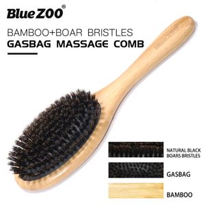 Brosses à cheveux Blue ZOO Brosse à cheveux Poignée en bambou naturel Poils de sanglier Anti-statique Cheveux Cuir chevelu Paddle Brosse à cheveux Gasbag Massage Peigne Soins capillaires 231211