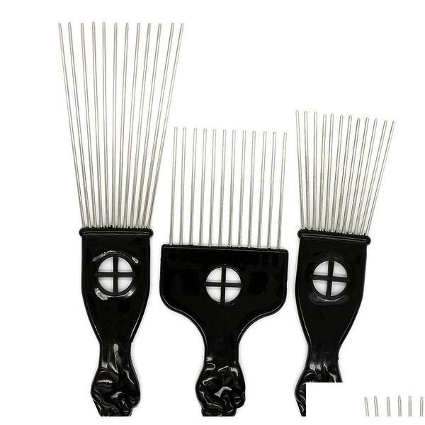 Brosses à cheveux Fist Afro Stianless Steel Large Pick Metal Hair Plast Peigne Poignée Brosse Dents Noir Avec Sqcit Babyskirt Drop Livraison Dheh5