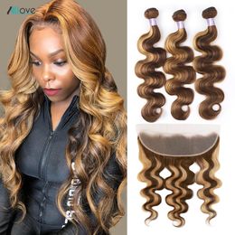 Cheveux en vrac Allove Highlight Body Wave Bundles Avec Frontal Ombre Honey Blonde 13x4 Dentelle Armure Brésilienne Pour Les Femmes 230617