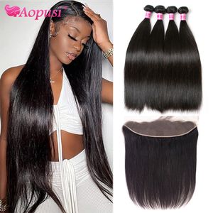 Hair Bulks Aopusi Straight Bundles With Frontal Human Brazilian Weaving 13X4 Lace Extensions 230609