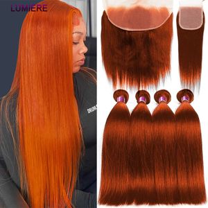 Hair Bulks Ginger Ombre Gekleurde Bone Straight Bundels Met Sluiting en Frontaal Transparant Kant Oranje Ha 231025