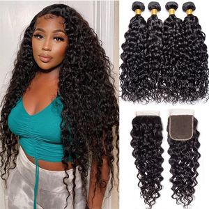 Cheveux en vrac vague d'eau faisceaux avec fermeture brésilienne humaine océan bouclés dentelle frontale bébé en vente 230609