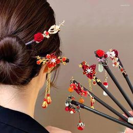 Pinza para el pelo retro de madera con borlas y flores para niña, clip de palo antiguo para ropa, accesorios chinos Hanfu, horquilla