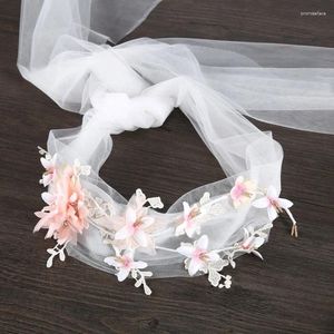 Pinzas para el cabello 1 Uds. Diadema de hilo larga con flor rosa, joyería de boda para niña, accesorios de encaje para fiesta al aire libre, tocado de desfile de moda