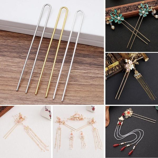 Pinzas para el cabello para mujer, 10 Uds., palos para manualidades, 110x2mm, alfileres de Color dorado y latón en bruto, ajuste de Base en blanco para fabricación de joyas al por mayor