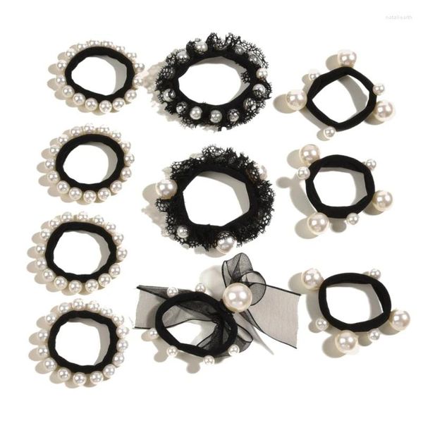 Pinzas para el cabello, 10 Uds., anillos, cuerda, lazos negros, banda elástica suave sin costuras, cabezas de perlas para niñas y niños pequeños