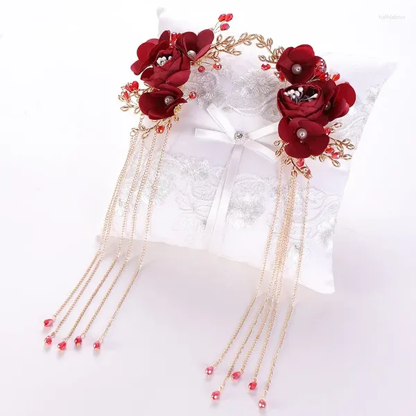 Pinces à cheveux 1 paire, fleur rouge chinoise, longues épingles en cristal, diadème de mariage, accessoires de tête, bijoux de fête