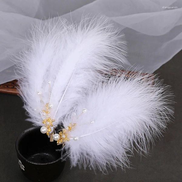 Pinces à cheveux 1 paire, épingles à cheveux en plumes blanches, pour fille étudiante, ornements Hanfu, filet rouge féerique, perles de cristal, cadeaux