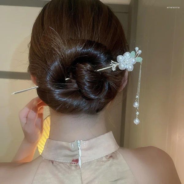 Clips para el cabello 2023 Fashion Classic IMitation Flower Tassel Stick chino Hanfu Beatpin Tocado de novia Joya de horquilla Ornamen
