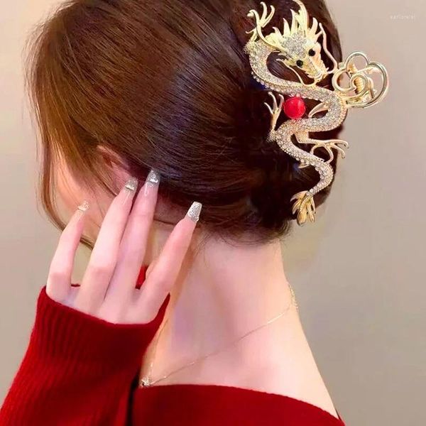 Pinzas para el cabello para mujer y niña, accesorios del año del dragón chino, cuentas rojas, Pin de diamantes de imitación de Metal, joyería de moda, Tiara, 2024