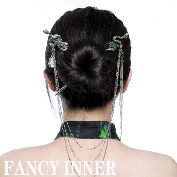 Horquillas para el cabello para mujer, horquilla de serpiente Y2K 2024, borla de diamantes de imitación china Vintage, accesorios irregulares de Metal esmaltado verde para mujer