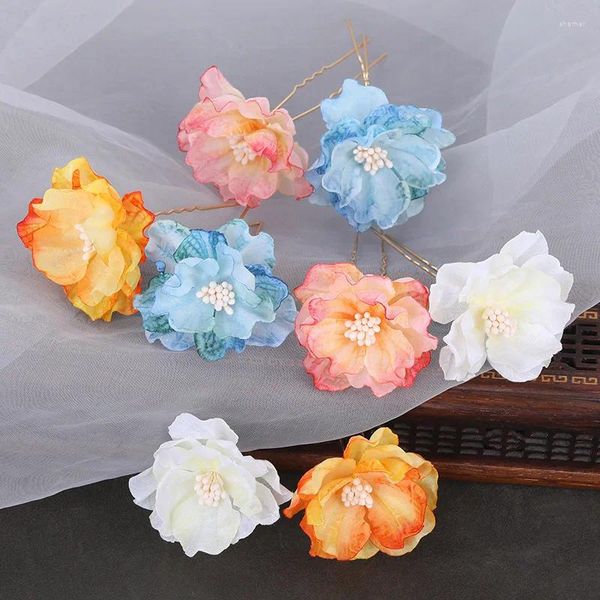 Pinces à cheveux 2 pièces, bâtons de fleurs en soie, fourchettes en forme de U, épingles à cheveux, couvre-chef Floral Super féerique pour enfants, robe Hanfu chinoise Cosplay